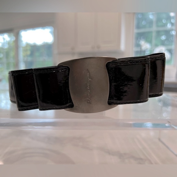 Salvatore FERRAGAMO BLACK/brown patent leather double box belt 95cm - Picture 2 of 12